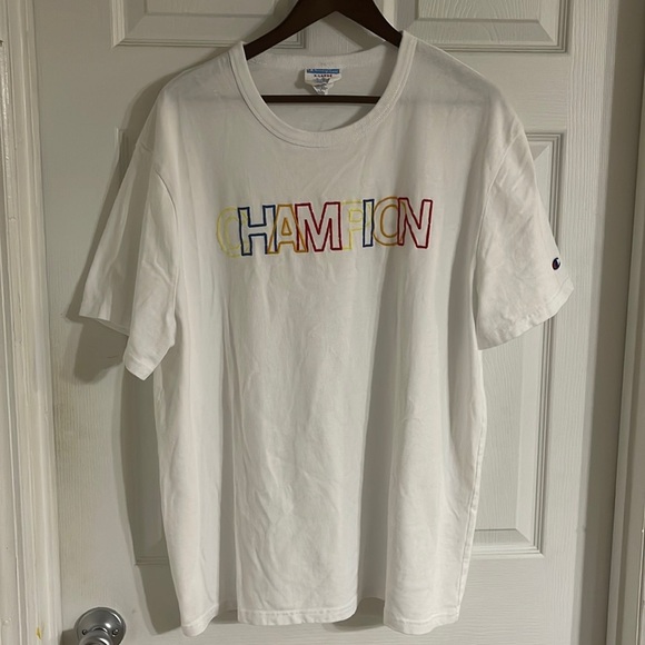 Men's XL Stitched Champion White Graphic Heavyweight Short Sleeve Tee Shirt - Picture 1 of 6